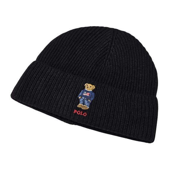Polo Ralph Lauren Hat Beanie Hunter Black Wool Blend Rib Knit Preppy Streetwear